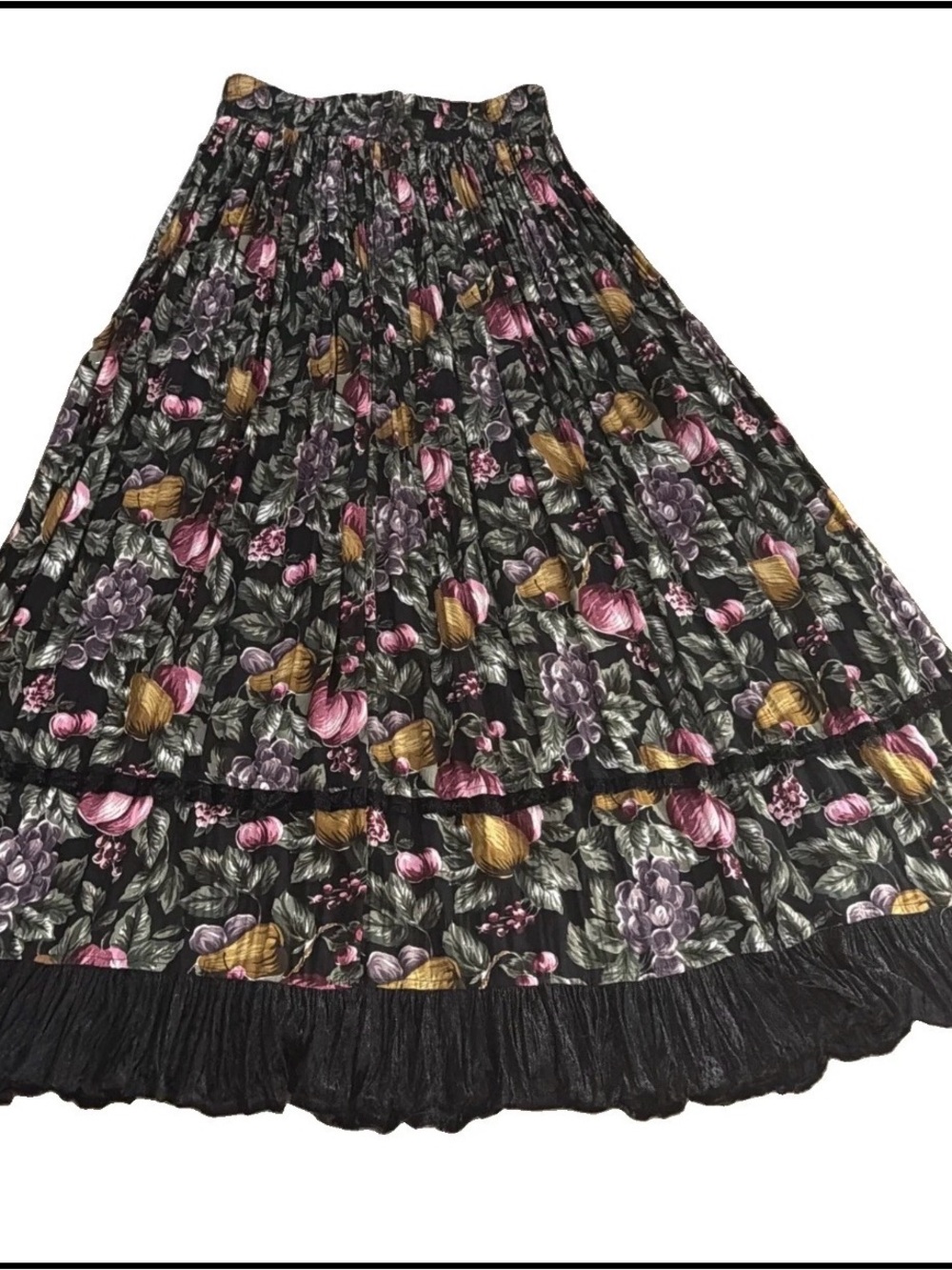Vintage Stonebridge lFloral broomstick black multi Maxi Skirt velvet trim M